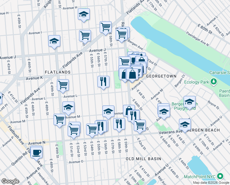 map of restaurants, bars, coffee shops, grocery stores, and more near 1234 East 58th Street in Brooklyn