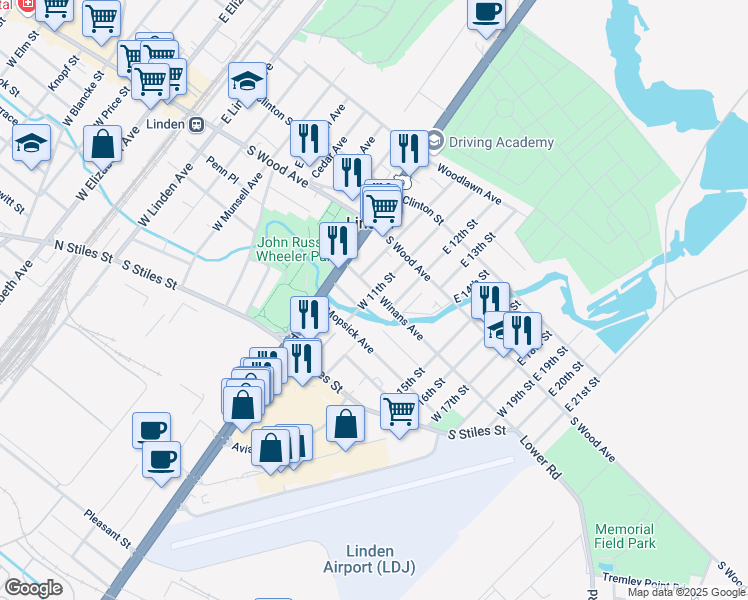 map of restaurants, bars, coffee shops, grocery stores, and more near 103 West 11th Street in Linden