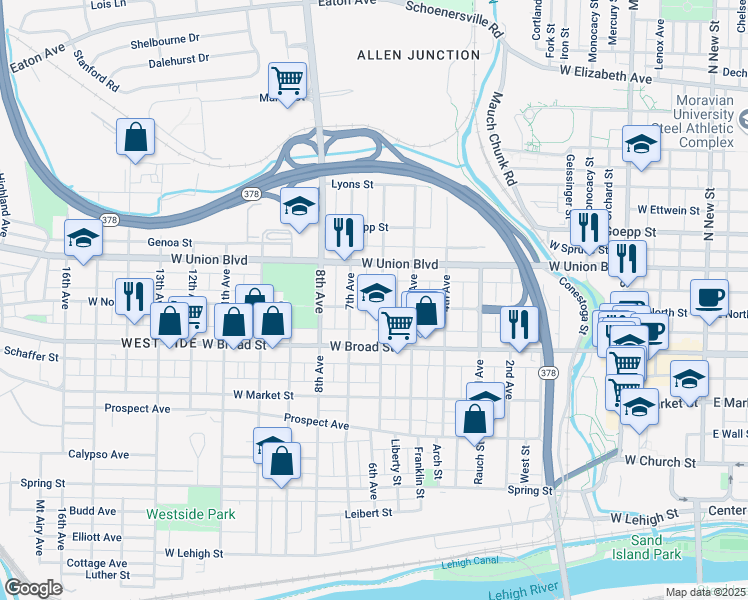 map of restaurants, bars, coffee shops, grocery stores, and more near 705 6th Avenue in Bethlehem