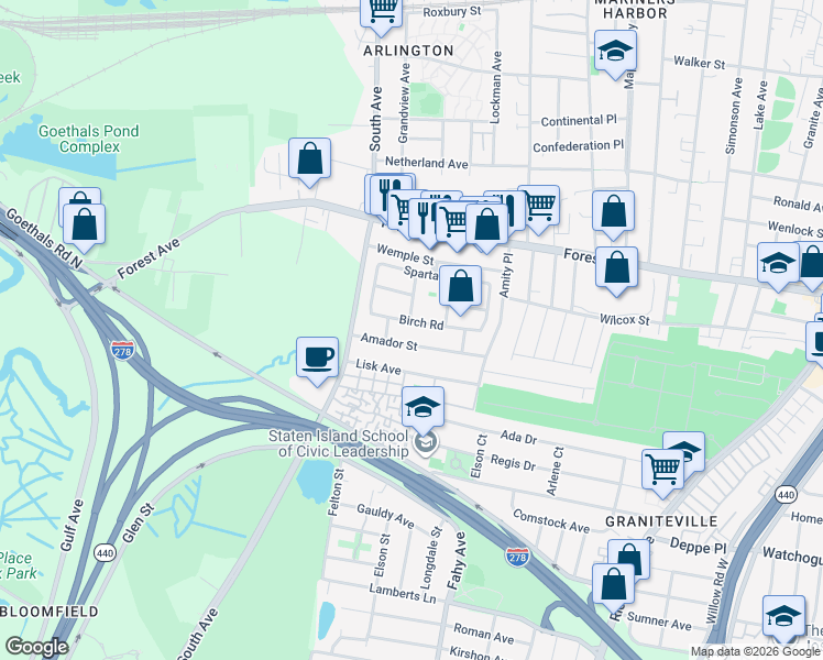 map of restaurants, bars, coffee shops, grocery stores, and more near 69 Birch Road in Staten Island