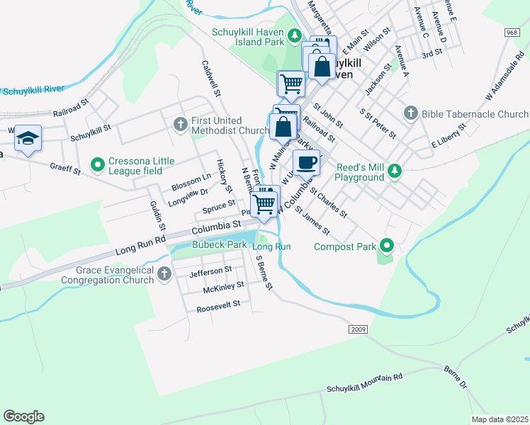 map of restaurants, bars, coffee shops, grocery stores, and more near 331 West Columbia Street in Schuylkill Haven