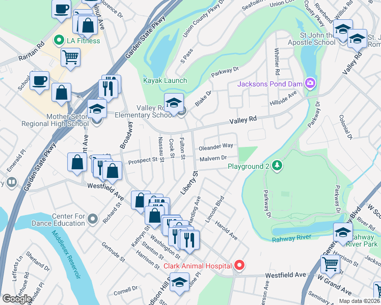 map of restaurants, bars, coffee shops, grocery stores, and more near 6 Oleander Way in Clark