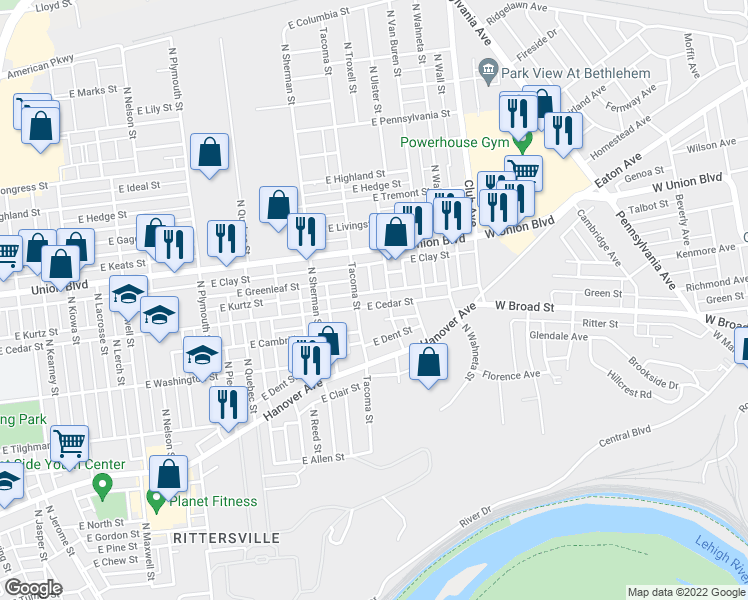 map of restaurants, bars, coffee shops, grocery stores, and more near 2021 East Cedar Street in Allentown