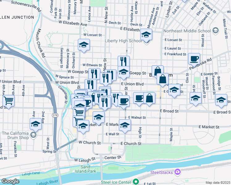 map of restaurants, bars, coffee shops, grocery stores, and more near 42 East Garrison Street in Bethlehem