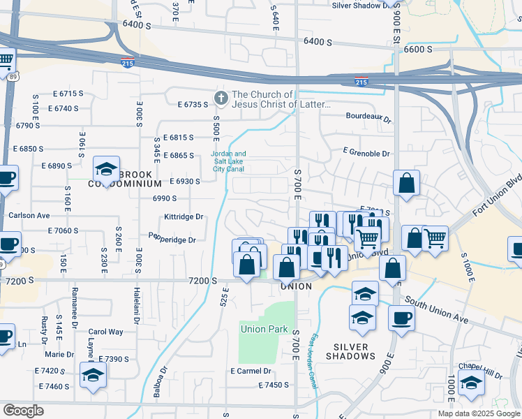 map of restaurants, bars, coffee shops, grocery stores, and more near 610 East Land Rush Drive in Midvale