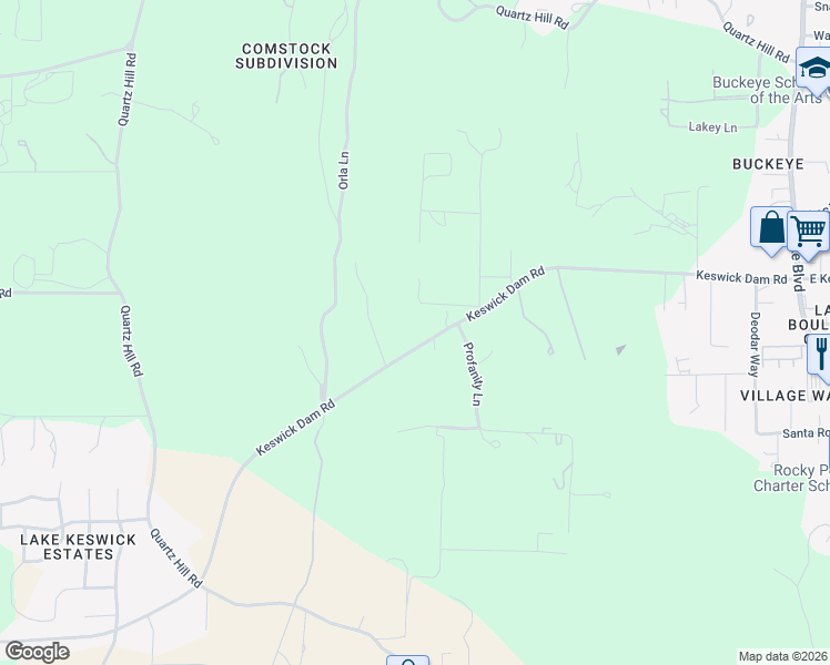 map of restaurants, bars, coffee shops, grocery stores, and more near 2580 Keswick Dam Road in Redding