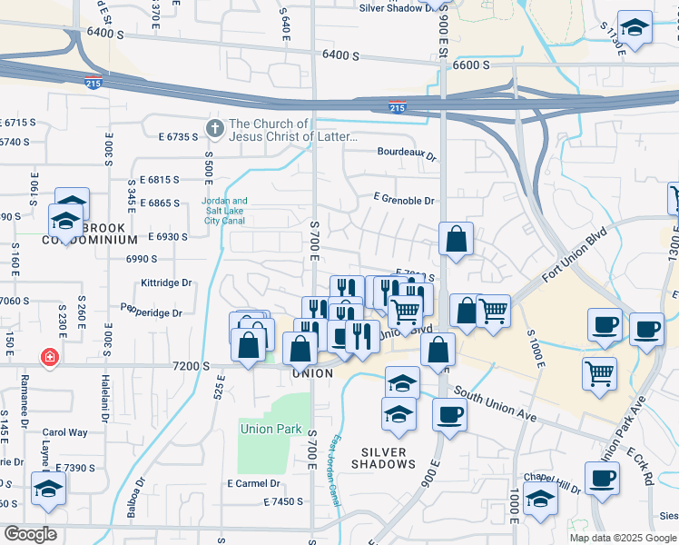 map of restaurants, bars, coffee shops, grocery stores, and more near 6965 South 700 East in Midvale
