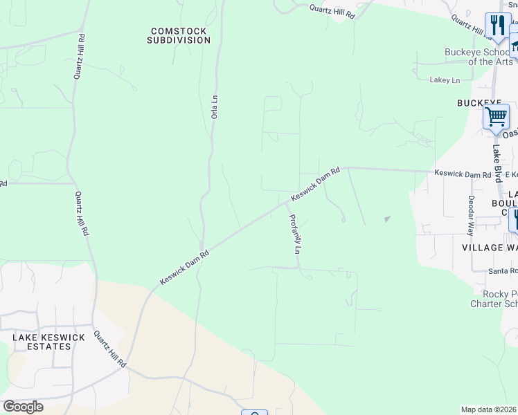 map of restaurants, bars, coffee shops, grocery stores, and more near 2580 Keswick Dam Road in Redding