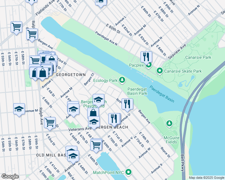 map of restaurants, bars, coffee shops, grocery stores, and more near 1457 Royce Street in Brooklyn