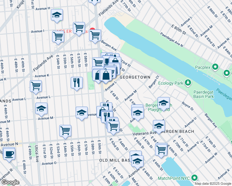 map of restaurants, bars, coffee shops, grocery stores, and more near 1234 East 69th Street in Brooklyn