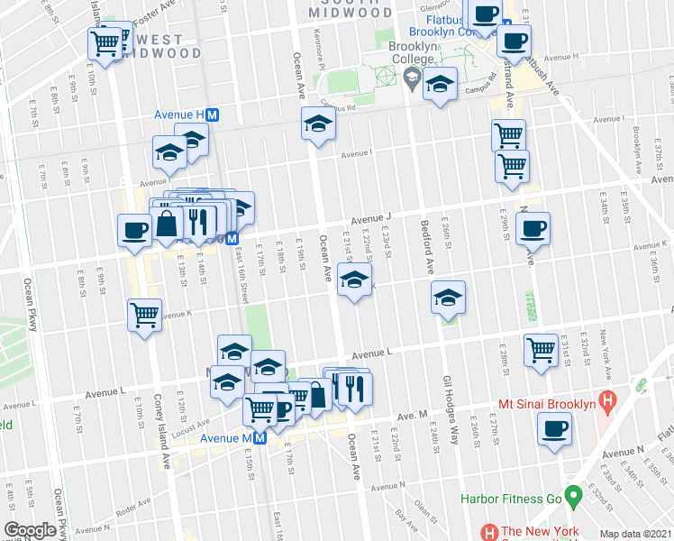 map of restaurants, bars, coffee shops, grocery stores, and more near 1535 Ocean Avenue in Brooklyn