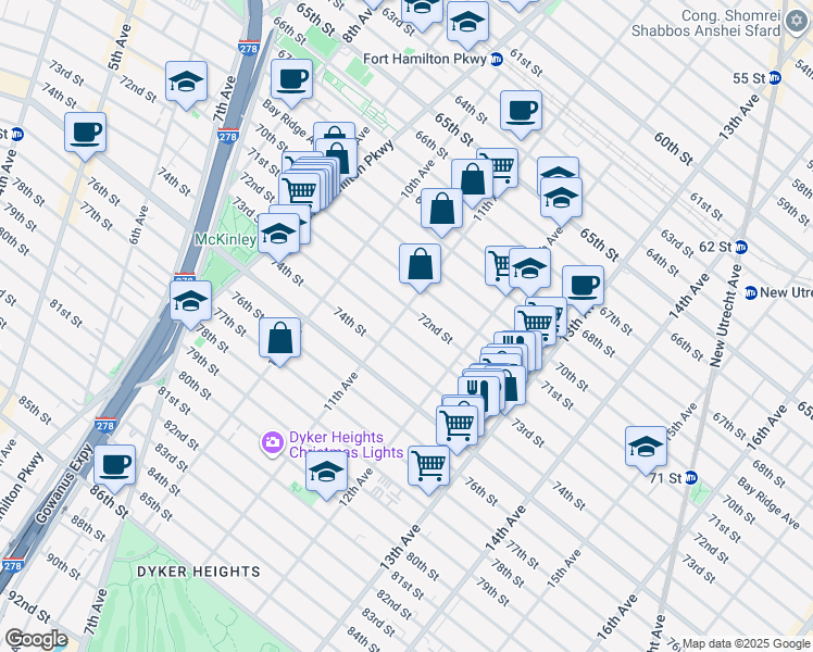 map of restaurants, bars, coffee shops, grocery stores, and more near 7201 11th Avenue in Brooklyn