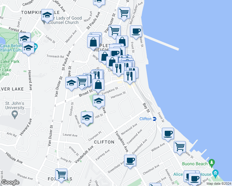 map of restaurants, bars, coffee shops, grocery stores, and more near 47 Tompkins Street in Staten Island