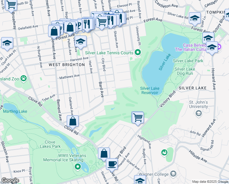 map of restaurants, bars, coffee shops, grocery stores, and more near 18 Sunset Hill Drive in Staten Island