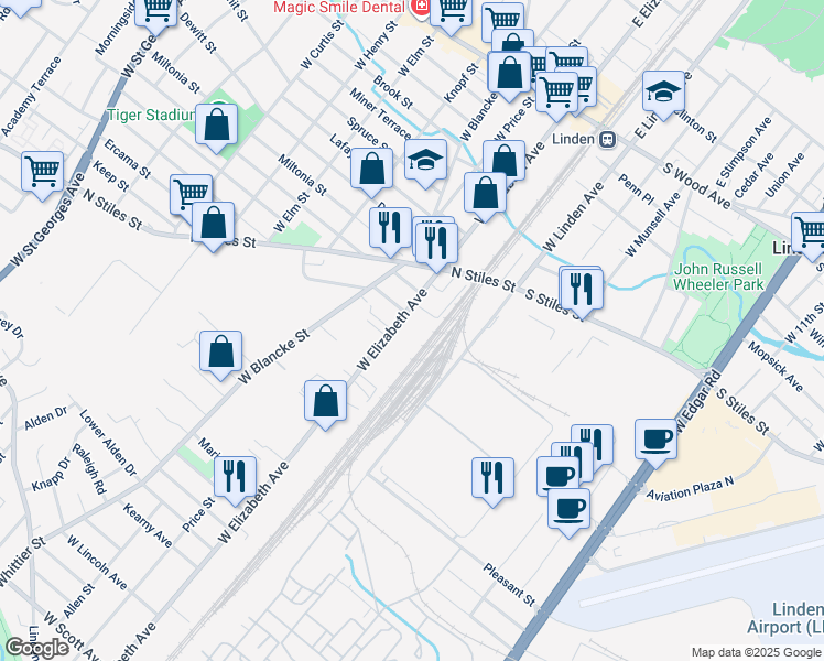 map of restaurants, bars, coffee shops, grocery stores, and more near 1002W West Elizabeth Avenue in Linden