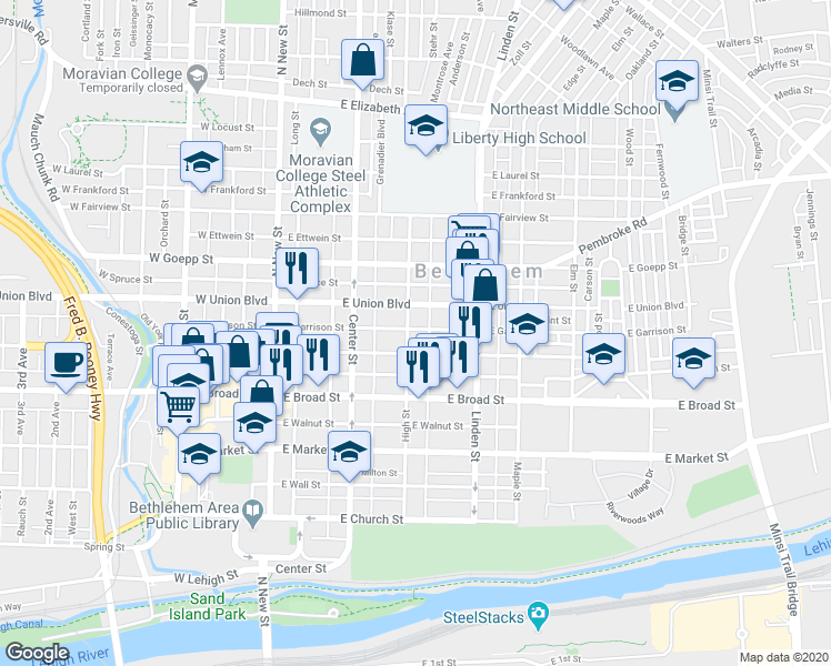map of restaurants, bars, coffee shops, grocery stores, and more near 733 High Street in Bethlehem