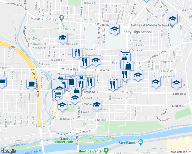 map of restaurants, bars, coffee shops, grocery stores, and more near 732 Center Street in Bethlehem