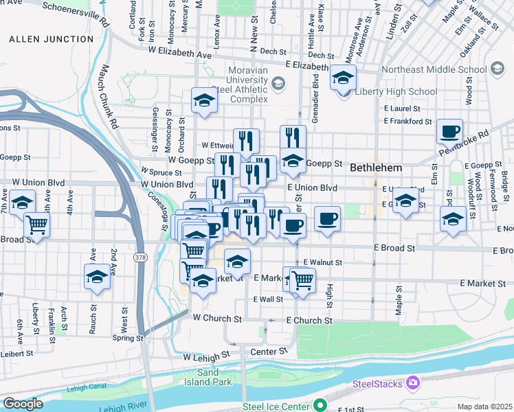map of restaurants, bars, coffee shops, grocery stores, and more near 728 North New Street in Bethlehem