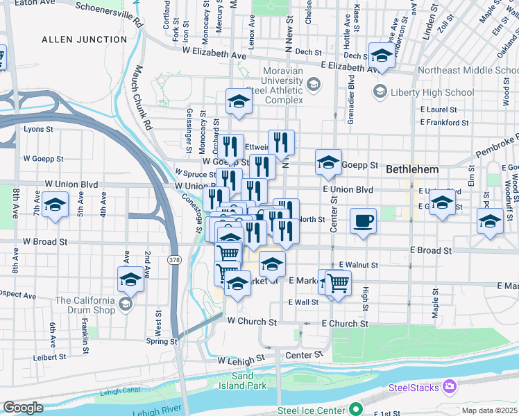 map of restaurants, bars, coffee shops, grocery stores, and more near 28 West Garrison Street in Bethlehem