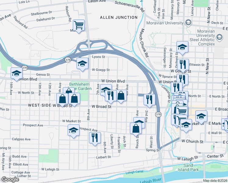 map of restaurants, bars, coffee shops, grocery stores, and more near 719 5th Avenue in Bethlehem