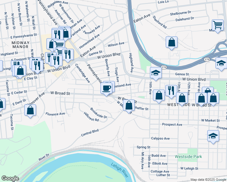 map of restaurants, bars, coffee shops, grocery stores, and more near 1863 Richmond Avenue in Bethlehem