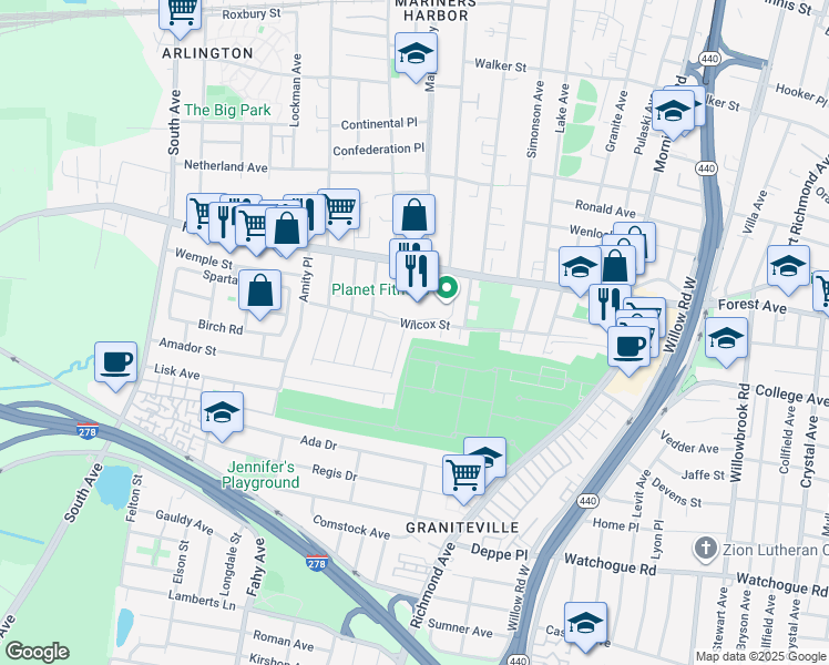 map of restaurants, bars, coffee shops, grocery stores, and more near 284 Wilcox Street in Staten Island