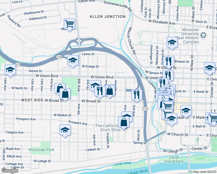 map of restaurants, bars, coffee shops, grocery stores, and more near 725 4th Avenue in Bethlehem