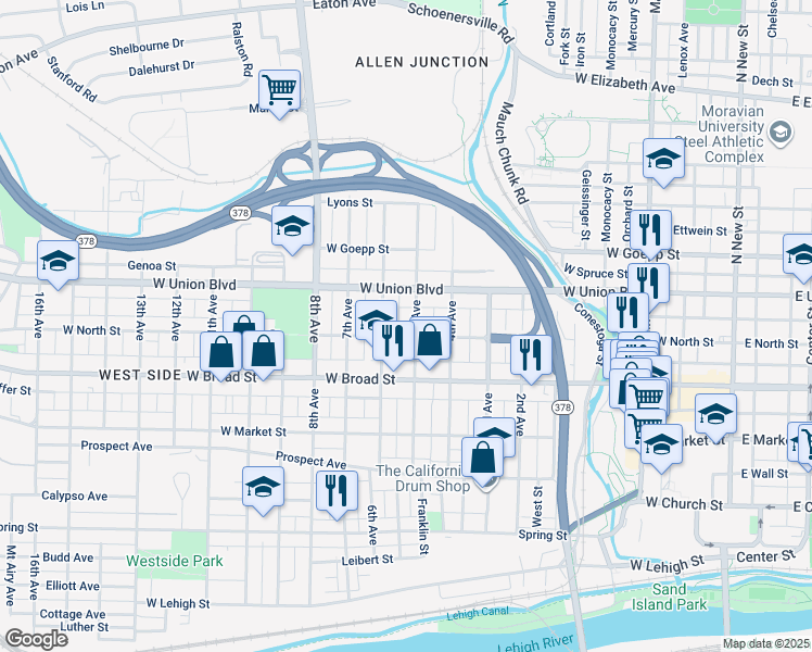 map of restaurants, bars, coffee shops, grocery stores, and more near 709 5th Avenue in Bethlehem