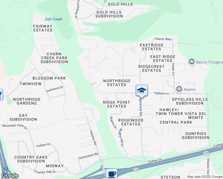 map of restaurants, bars, coffee shops, grocery stores, and more near 19237 Sellins View Ct in Redding