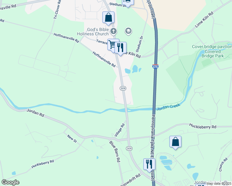 map of restaurants, bars, coffee shops, grocery stores, and more near 2404 Pennsylvania 309 in Lehigh County