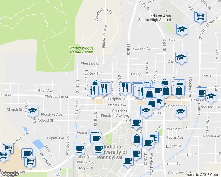 map of restaurants, bars, coffee shops, grocery stores, and more near 967 Water Street in Indiana