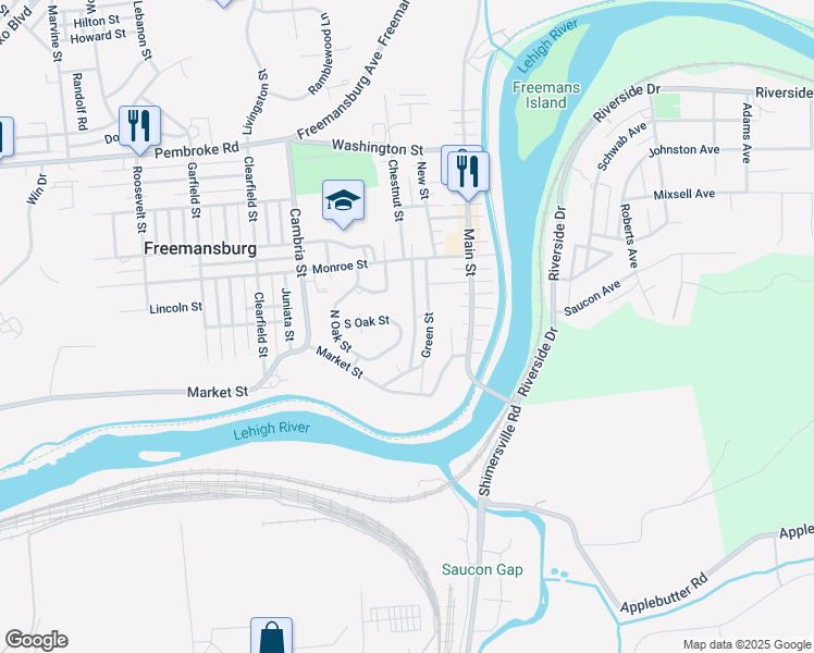 map of restaurants, bars, coffee shops, grocery stores, and more near 373 South Oak Street in Freemansburg
