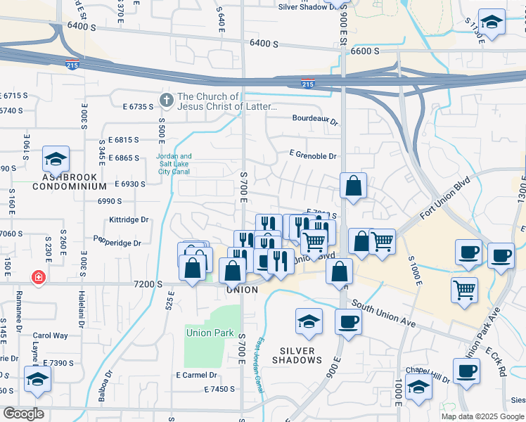 map of restaurants, bars, coffee shops, grocery stores, and more near 6965 South 700 East in Midvale