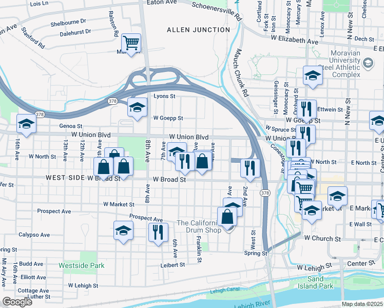 map of restaurants, bars, coffee shops, grocery stores, and more near 709 5th Avenue in Bethlehem