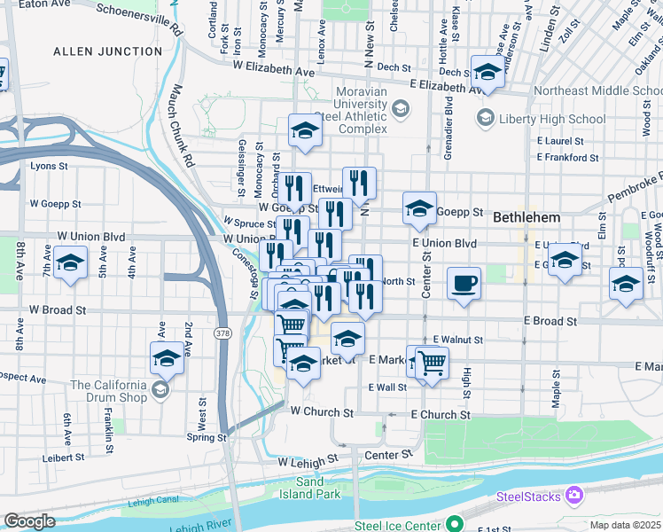 map of restaurants, bars, coffee shops, grocery stores, and more near 28 West Garrison Street in Bethlehem