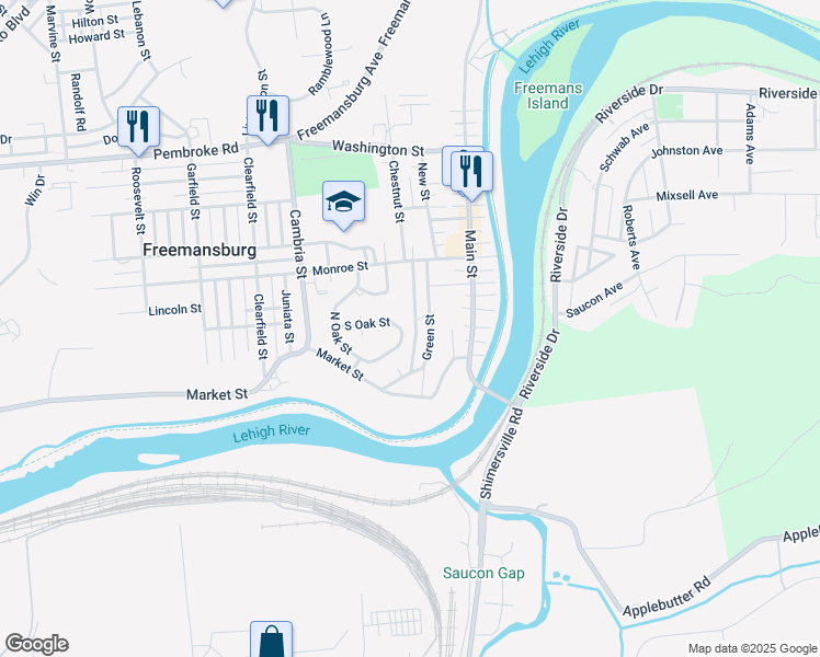 map of restaurants, bars, coffee shops, grocery stores, and more near 373 South Oak Street in Freemansburg