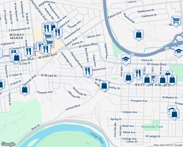 map of restaurants, bars, coffee shops, grocery stores, and more near 1863 Richmond Avenue in Bethlehem
