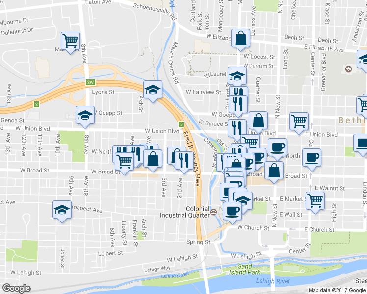 map of restaurants, bars, coffee shops, grocery stores, and more near 712 2nd Avenue in Bethlehem