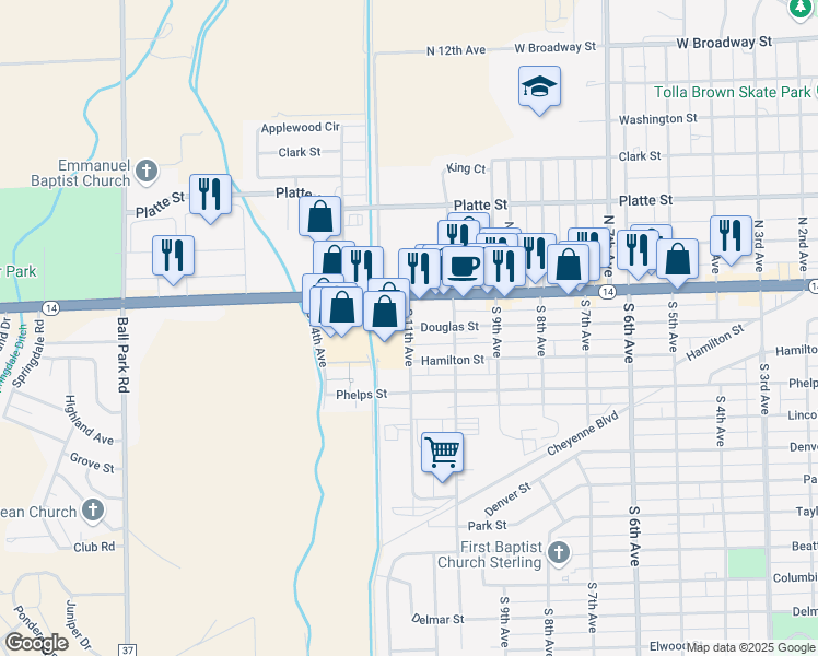 map of restaurants, bars, coffee shops, grocery stores, and more near 201 South 11th Avenue in Sterling