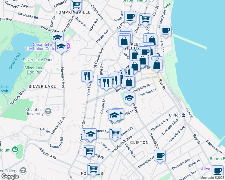 map of restaurants, bars, coffee shops, grocery stores, and more near 40 Hudson Street in Staten Island