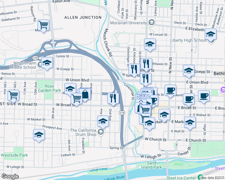 map of restaurants, bars, coffee shops, grocery stores, and more near 712 2nd Avenue in Bethlehem