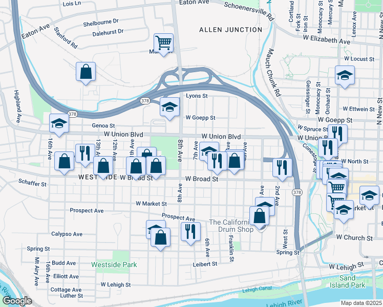 map of restaurants, bars, coffee shops, grocery stores, and more near 720 8th Avenue in Bethlehem
