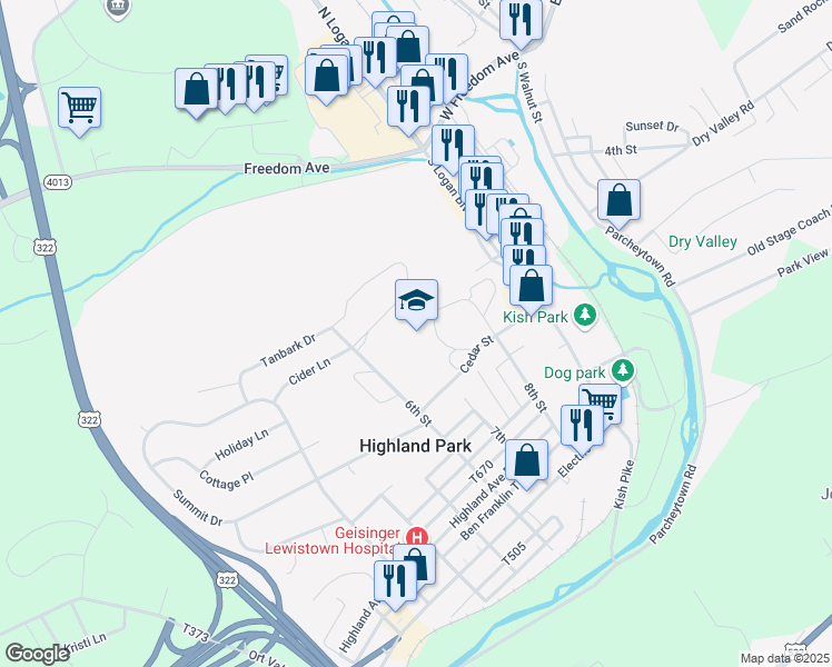 map of restaurants, bars, coffee shops, grocery stores, and more near 700 Cedar Street in Lewistown