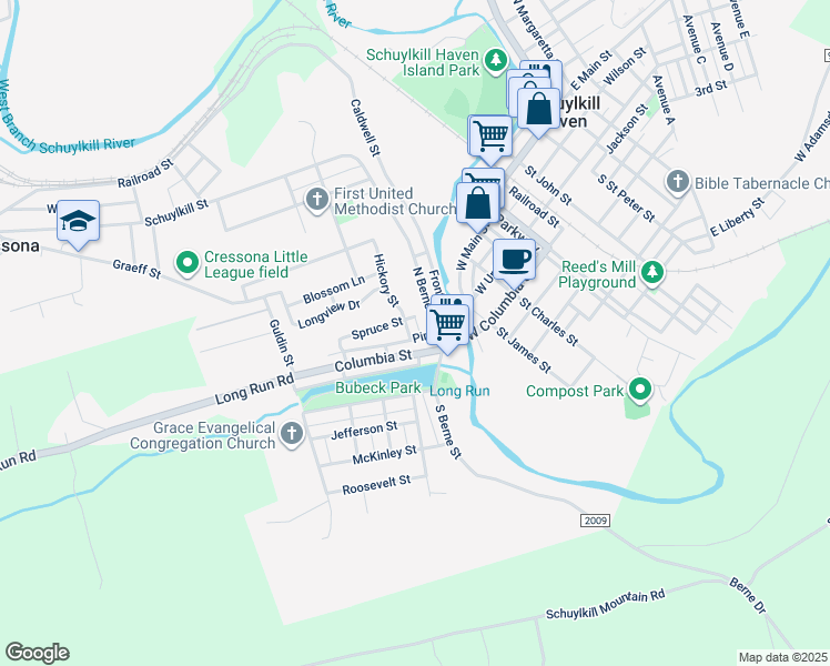 map of restaurants, bars, coffee shops, grocery stores, and more near 66 Hickory Street in Schuylkill Haven