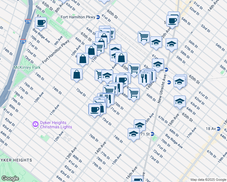 map of restaurants, bars, coffee shops, grocery stores, and more near 1263 Bay Ridge Avenue in Brooklyn