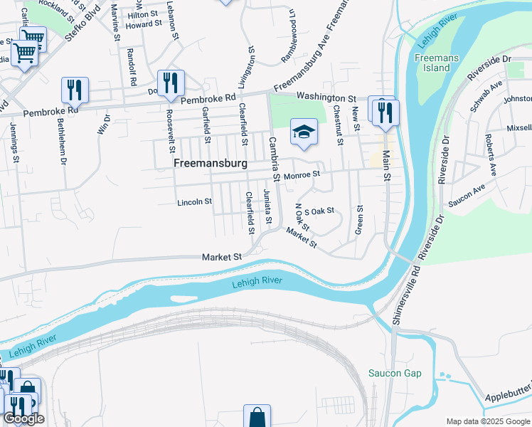 map of restaurants, bars, coffee shops, grocery stores, and more near 203 Juniata Street in Freemansburg