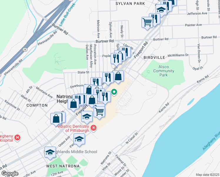 map of restaurants, bars, coffee shops, grocery stores, and more near 1830 Broadview Boulevard in Natrona Heights