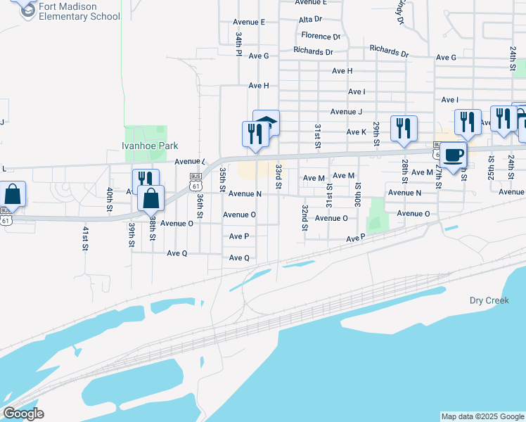 map of restaurants, bars, coffee shops, grocery stores, and more near 1409 33rd Street in Fort Madison
