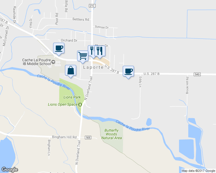 map of restaurants, bars, coffee shops, grocery stores, and more near 2620 North Overland Trail in Laporte