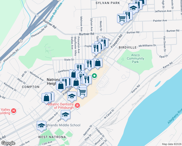 map of restaurants, bars, coffee shops, grocery stores, and more near 1830 Broadview Boulevard in Natrona Heights